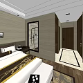 Modern Hotel Room Interior With Double Bed Sofa TV Lamp Carpet And Wooden Floor