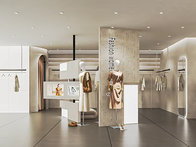 Modern Clothing Store Interior Design With Fashion Mannequins And Hanging Clothes 3d model