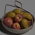 Fresh Mixed Fruit Bowl with Ripe Peaches and Mangoes in Copper Handle Container