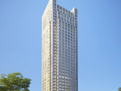 Modern Tall Office Building With Glass Curtain Wall Exterior Against Blue Sky And Green Trees 3d model
