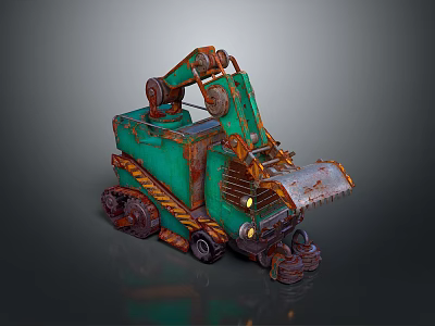 Green Mini Utility Vehicle With Tracks Front Bucket Hydraulic Arm And Rustic Rusted Appearance 3d model