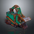 Green Mini Utility Vehicle With Tracks Front Bucket Hydraulic Arm And Rustic Rusted Appearance