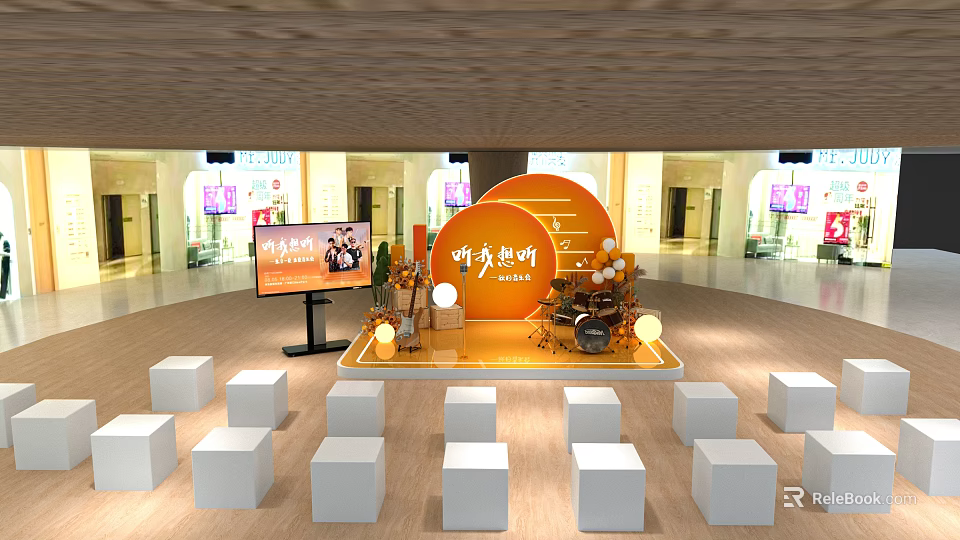 Modern Event Stage With Orange Backdrop Digital Screen White Cube Seats And Decorative Plants 3d model 