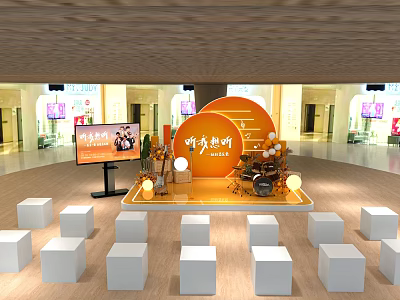 Modern Event Stage With Orange Backdrop Digital Screen White Cube Seats And Decorative Plants 3d model