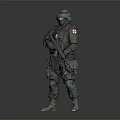 Tactical Military Soldier in Camouflage Uniform With Helmet Red Cross Insignia And Rifle