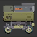 Cartoon Robot Character Vehicle With Green Gray Body Blue Wheels And Headlights