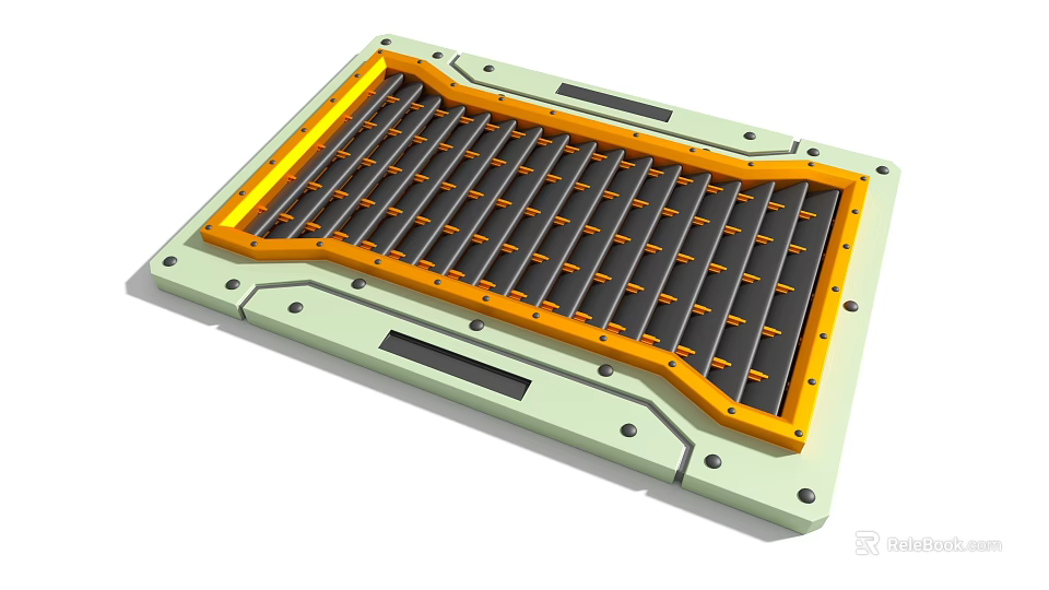 Industrial Equipment Panel With Light Green Frame Orange Border Black Grid Structure And Mounting Holes 3d model 