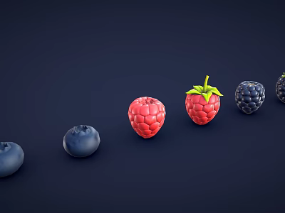 Fresh Ripe Blueberries and Raspberries Arranged Neatly in a Row on Dark Background 3d model