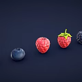 Fresh Ripe Blueberries and Raspberries Arranged Neatly in a Row on Dark Background