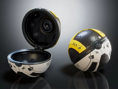 Spherical Tech Device With Open Closed Design And Yellow Black White Details 3d model