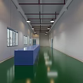 Laboratory Corridor With Blue Reception Desk Green Floor White Walls Multiple Windows And Ceiling Lights