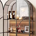 Elegant Decorative Cabinet With Glass Shelves Holding Wine Bottles Glassware And Photo Frames
