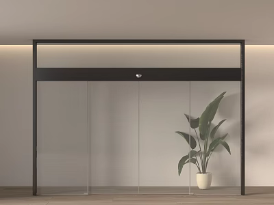 Modern Black Frame Glass Partition With Green Plant Light Colored Wall And Wooden Floor 3d model