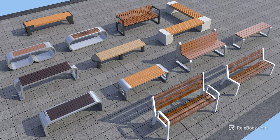Different Designs Modern Outdoor Chairs With Wooden Slats And Metal Frames On Stone Ground 3d model 