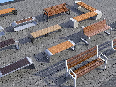 Different Designs Modern Outdoor Chairs With Wooden Slats And Metal Frames On Stone Ground 3d model