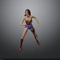 Woman in Red Blue Superhero Costume with Gold Accessories and Red Boots Action Pose