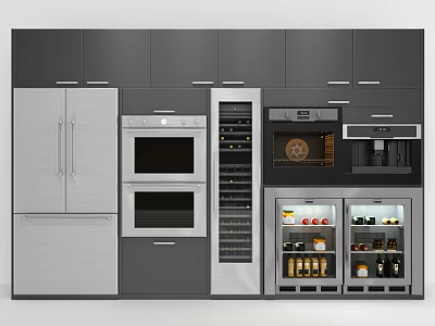 Modern Kitchen Layout With Built in Oven Wine Cooler Coffee Machine And Cabinets 3d model