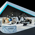 Modern Exhibition Booth Design With White Blue Geometric Structure Hanging Lights And Logo