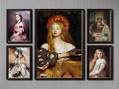 Classical Portrait Art Collection Featuring Central Vintage Female Figure With Ornate Attire And Frames 3d model