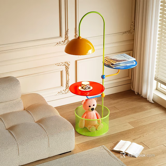 Floor Lamp with Yellow Shade Green Pole Red Tray Table and Basket Holding Pink Teddy Bear 3d model 
