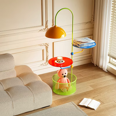 Floor Lamp with Yellow Shade Green Pole Red Tray Table and Basket Holding Pink Teddy Bear 3d model