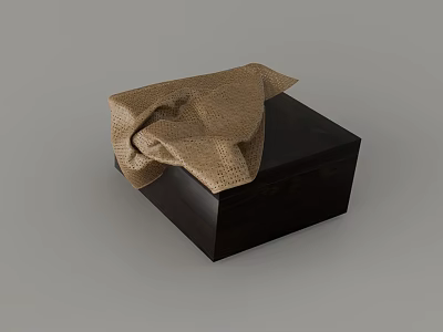 Dark Wooden Box Covered With Natural Burlap Cloth On Gray Background 3d model