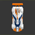 Streamlined Blue White and Orange Race Car with Orange Wheels and Rear Wing