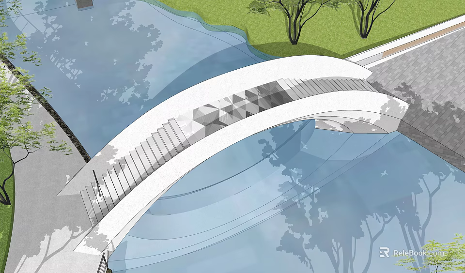 Modern Curved Bridge Design With Geometric Pattern Over Water And Green Area With Trees 3d model 