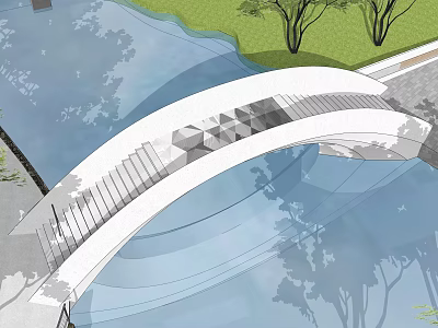 Modern Curved Bridge Design With Geometric Pattern Over Water And Green Area With Trees 3d model