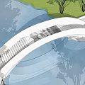 Modern Curved Bridge Design With Geometric Pattern Over Water And Green Area With Trees
