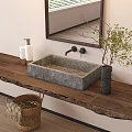 Gray Concrete Washbasin on Wooden Countertop with Wall Mounted Mirror and Green Plant