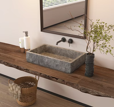 Gray Concrete Washbasin on Wooden Countertop with Wall Mounted Mirror and Green Plant 3d model