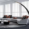Modern Office Interior Featuring EV Logo Sofa Armchair Large Windows Arc Floor Lamp Round Rug
