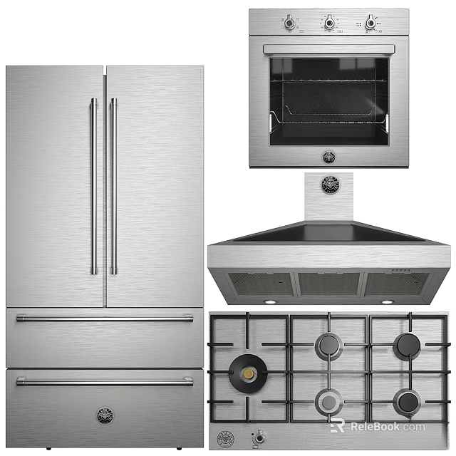Stainless Steel Modern Kitchen Appliances With Refrigerator Oven Range Hood And Gas Stove 3d model 