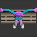 Cartoon Character in Colorful Outfit Sitting on Wooden Bench with Purple Head and Glasses