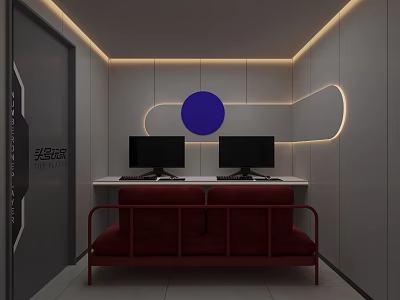 Modern Internet Cafe Interior With Computers Red Sofa Ambient Lighting And Blue Circle Decor 3d model