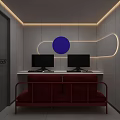 Modern Internet Cafe Interior With Computers Red Sofa Ambient Lighting And Blue Circle Decor 3d model