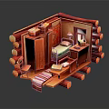 Cartoon Style Log Cabin Interior With Cozy Bed Table Chair And Colorful Rug