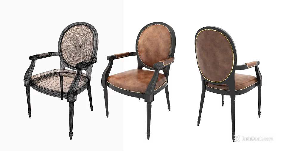Elegant Dining Chairs With Leather Seat Black Wooden Frame And Armrests Design 3d model 