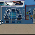 School Science Exploration Room Interior With Blue Walls Hexagonal Decorations Display Shelves And Space Themed Ceiling