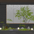 Modern Waterfall Feature Wall with Tree Plants Stones Round Lights and Wooden Ceiling