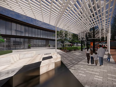 Modern White Pergola With Open Lattice Design Shading Pedestrian Walkway Benches And Urban Building 3d model