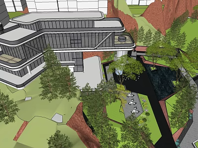 Modern Sales Office Building With Glass Facade Landscaped Garden And Water Features 3d model