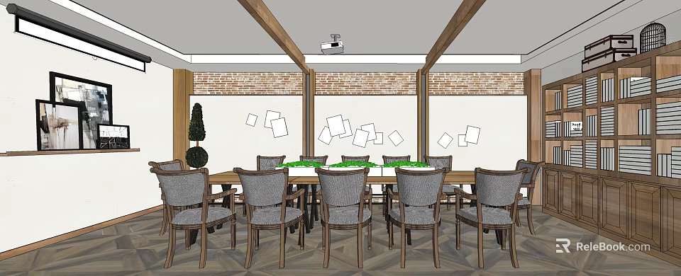 Modern Conference Room Interior With Wooden Ceiling Beams Brick Wall Gray Chairs And Table 3d model 