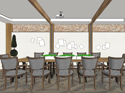Modern Conference Room Interior With Wooden Ceiling Beams Brick Wall Gray Chairs And Table 3d model