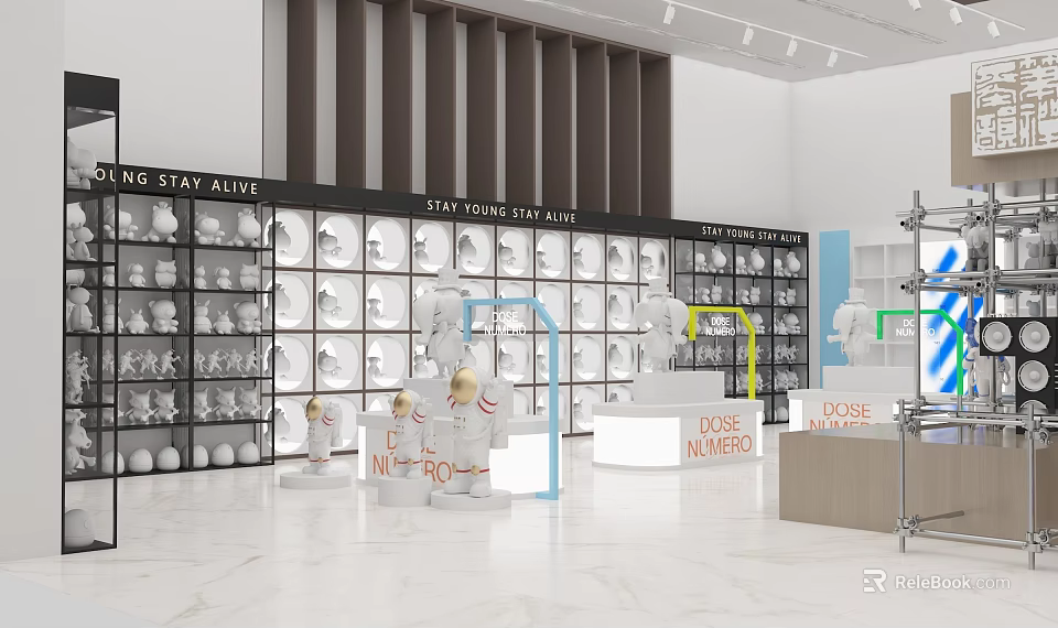 Modern Art Store Interior With Display Shelves Showcasing White Sculptures And Models 3d model