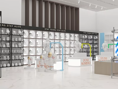 Modern Art Store Interior With Display Shelves Showcasing White Sculptures And Models 3d model