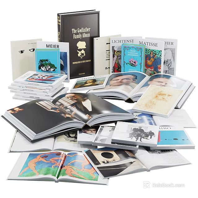 Stacked Art Books And Design Magazines With Open Illustrated Pages And Various Titles 3d model 