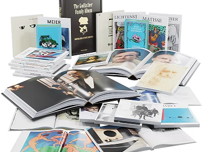 Stacked Art Books And Design Magazines With Open Illustrated Pages And Various Titles 3d model