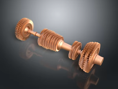 Copper Mechanical Gear Shaft Assembly Featuring Multiple Interlocking Gears And Metallic Structure 3d model